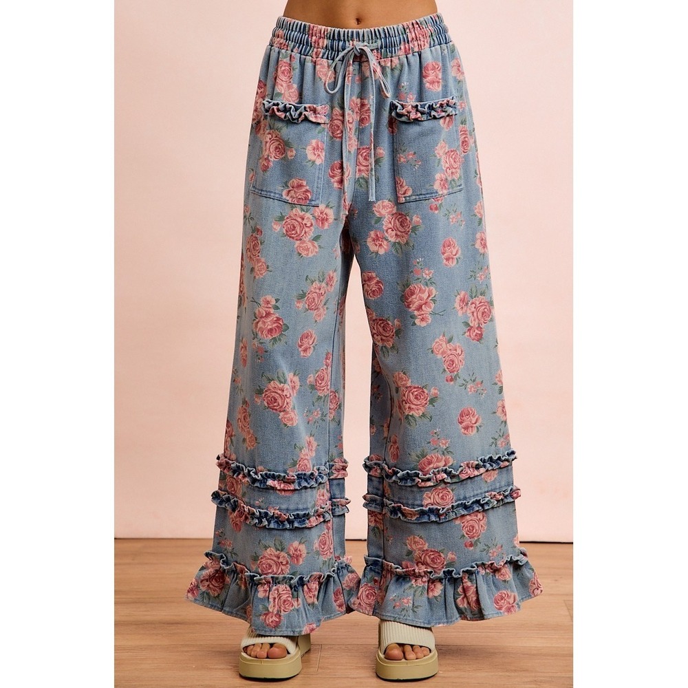BiBi Washed Floral Denim With Ruffle Elastic Wide Pants - Small - Picture 4 of 16
